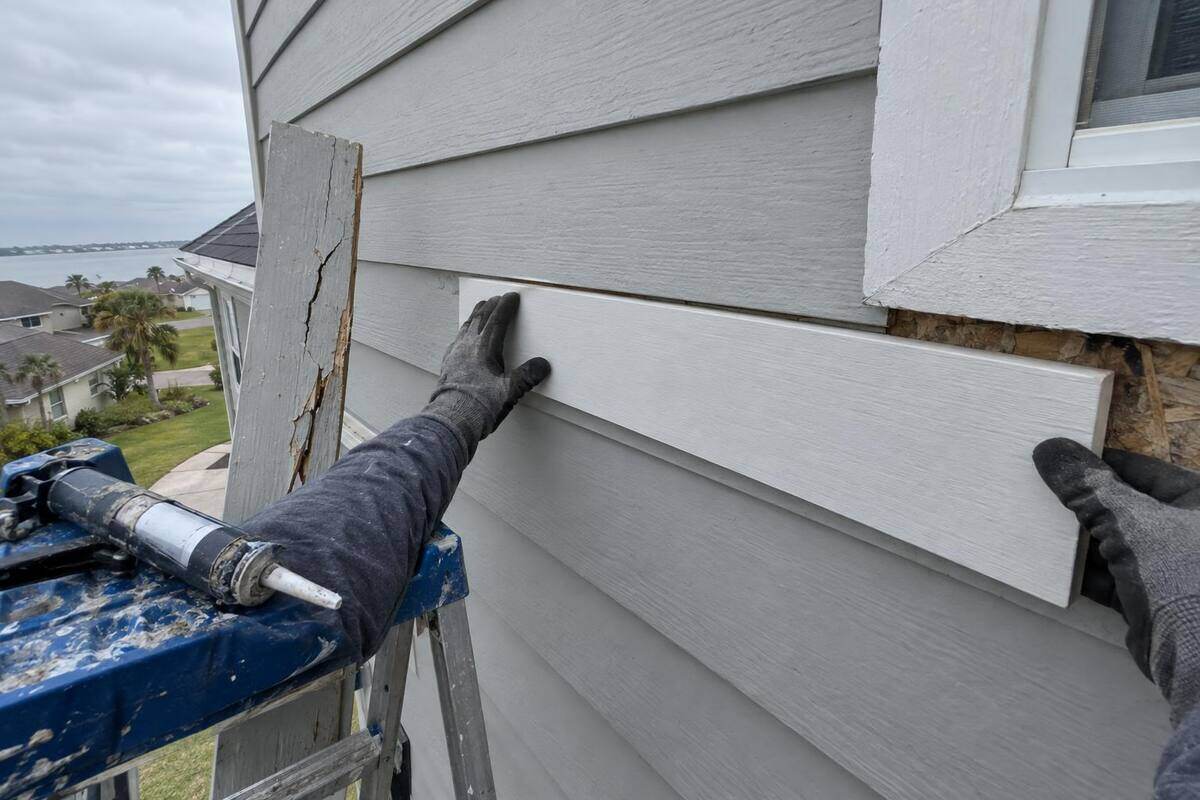 Replacement fiber-cement lap plank being slid into place on a painted two-story wall, with a primed cut edge and a caulk gun on the ladder shelf