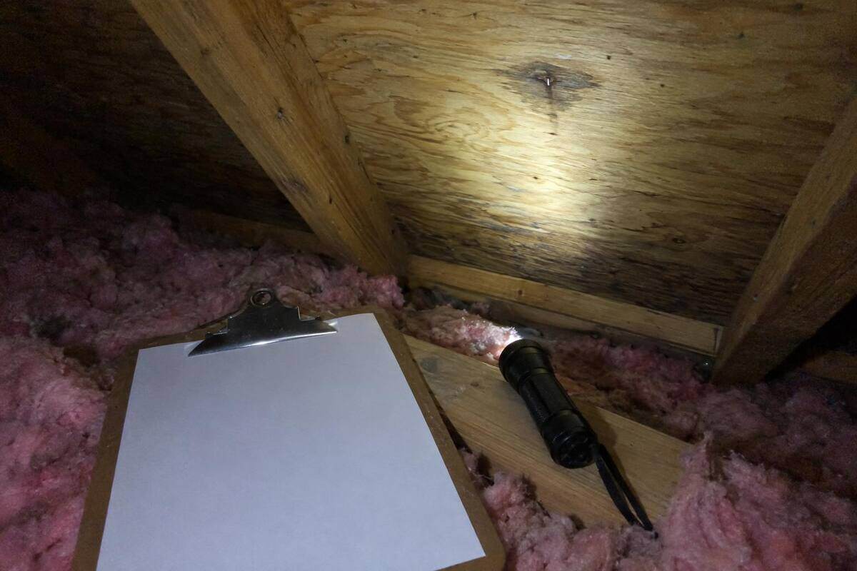 Blank clipboard and a flashlight resting on an attic joist, the beam lighting the underside of roof decking